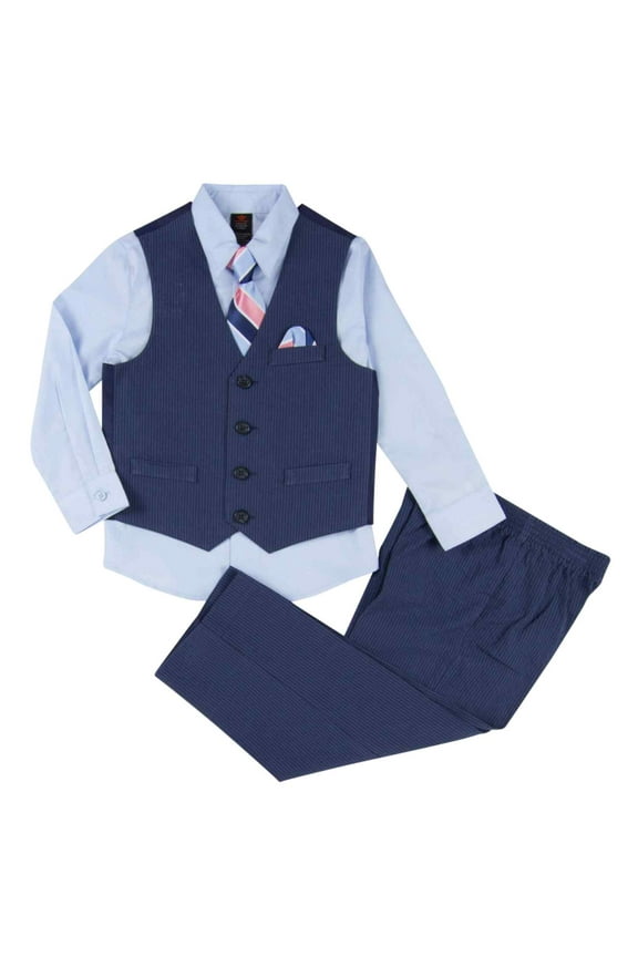Infant Boys 4pc Blue Pinstripe Dress Up Outfit Shirt, Tie, Vest & Pants