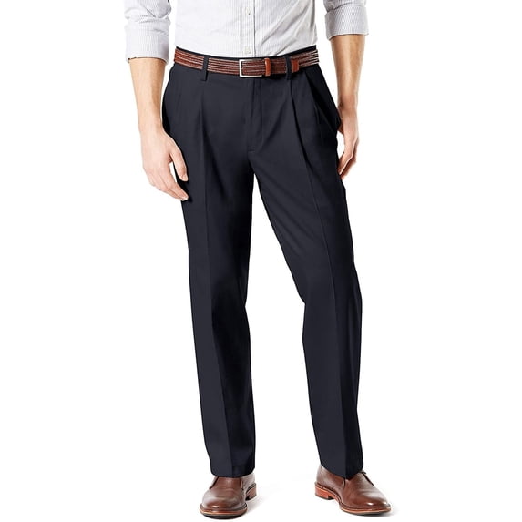 Dockers Khaki Lux Cotton Stretch Pants-Pleated D4, Navy, 44W x 32L