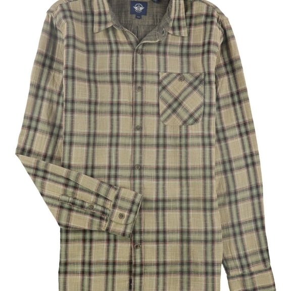 Dockers Mens Double Weave Plaid Button Up Shirt, Brown, Medium