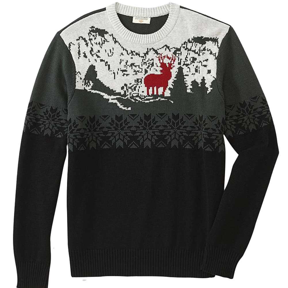 Dockers Mens Green Black Scenic Reindeer Christmas Sweater S