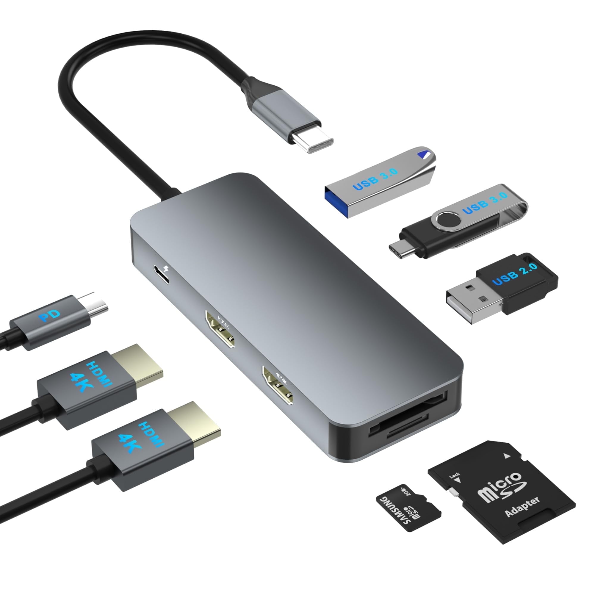 Docking Station Dual Monitor for Dell/HP/Lenovo/Mac Laptop, USB C Laptop Docking Station Dual Monitor, Dual HDMI Adapter for 2 Monitors, 8 in 1 USB C Hub Multiport Adapter with HDMI/USB/PD/SD/TF