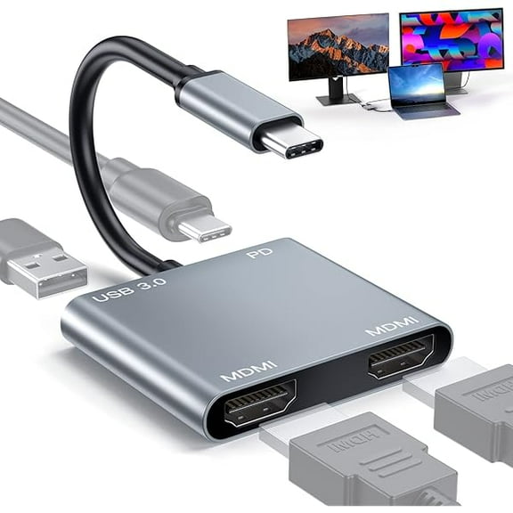 Docking Station Dual Monitor for Laptop, USB C to Dual HDMI Adapter 4k@30hz,Hub 4 in 1 Type C to 2 HDMI, USB 3.0 Port, USB C PD Charge,Dual Screen Display Docking Station for Windows,MacOS MacBook