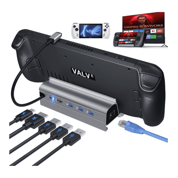 Docking Station for Steam Deck ROG Ally, 6 in 1 Stream Deck Dock with HDMI 2.0 4K@60Hz, 1000Mbps Gigabit Ethernet, 3 USB-A 3.0 and 100W Full Speed Charging USB-C Port Compatible with Valve Steam Deck