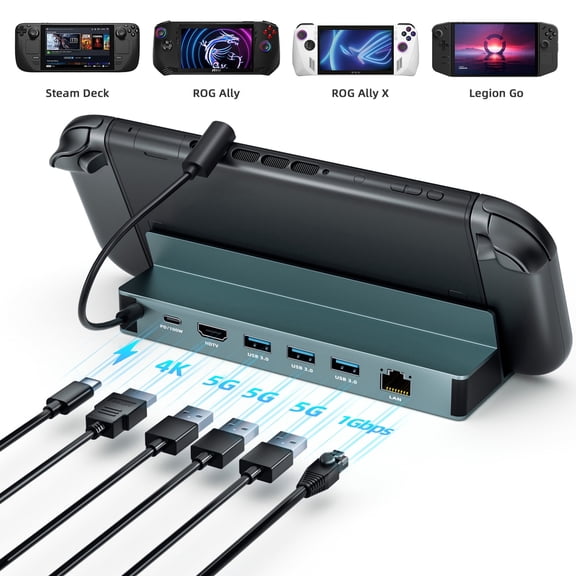Docking Station for Steam Deck/ROG Ally/Legion Go/MSI Claw, 7-in-1 Steam Deck Dock with HDMI 2.0 4K@60Hz, Gigabit Ethernet, 3 USB A 3.0 and 100W Charge, Compatible with Steam Deck