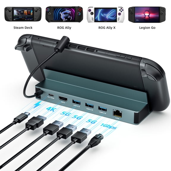 Docking Station for Steam Deck/ROG Ally/Legion Go/MSI Claw, 7-in-1 Steam Deck Dock with HDMI 2.0 4K@60Hz, Gigabit Ethernet, 3 USB A 3.0 and 100W Charge, Compatible with Steam Deck