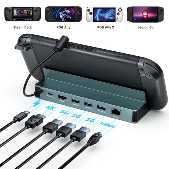 Docking Station for Steam Deck/ROG Ally/Legion Go/MSI Claw, 7-in-1 Steam Deck Dock with HDMI 2.0 4K@60Hz, Gigabit Ethernet, 3 USB-A 3.0 and 100W Charge, Compatible with Steam Deck