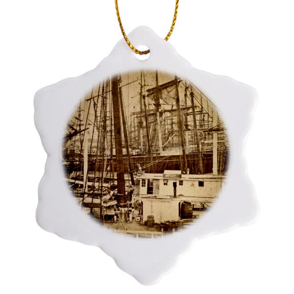 3drose, Docks of New York Waterfront Circa 1870 Tall Ships Sepia, 3 inch Snowflake Porcelain Ornament