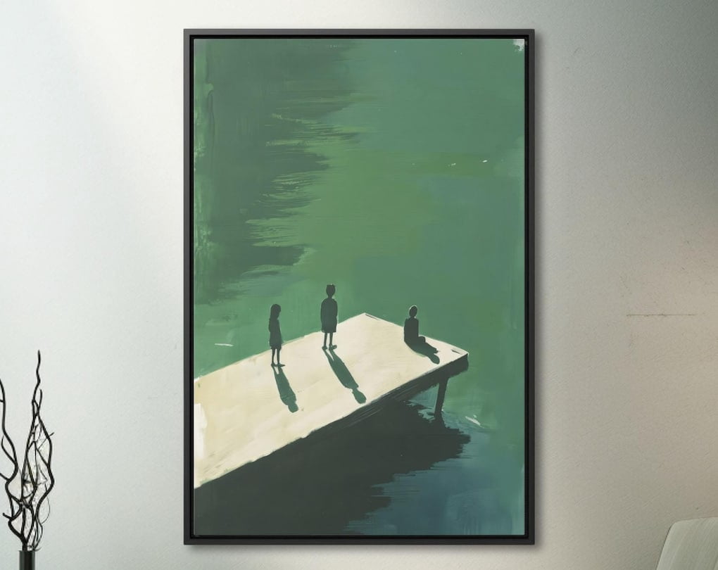 View of Dockside Silhouettes Minimalist Wall Art Serene Shadowed Figures Over ...