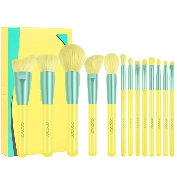 Docolor 13-Piece Lemon Makeup Brush Kit Set - Wood Brushes for Foundation, Eye Shadows, Blending, Powder, Concealer, Blush
