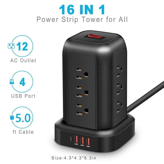 Docooler Power Strips Tower 12 Outlets Surge Protector with 4 USB Port and 5ft Extension Cord, Black
