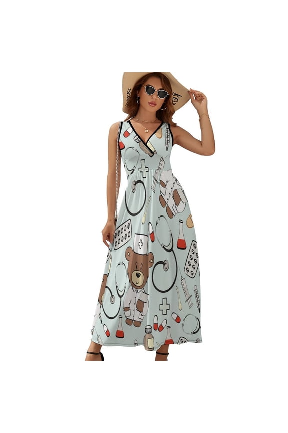 Doctor Bear Hospital Womens Night Club Maxi Dress V Neck Sleeveless Bohemia Long Dresses