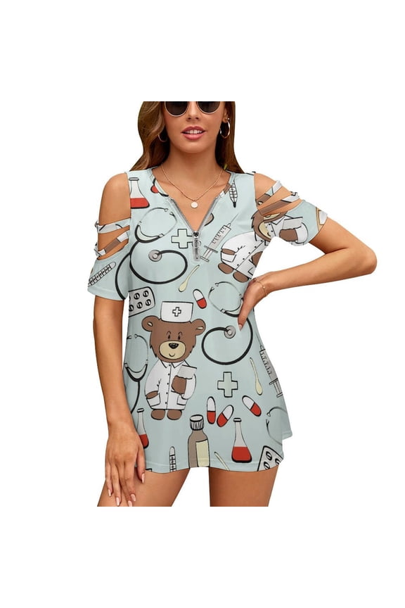 Doctor Bear Hospital Womens Summer V Neck Zipper Top Short Sleeve T Shirt Off Shoulder Top Casual Classy Loose Shirts