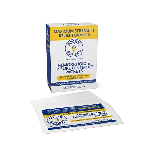 Doctor Butler's Maximum Strength Hemorrhoid & Fissure Ointment 12 to-Go Packets - Instant Pain Relief Hemorrhoid Treatment with Lidocaine, Internal & External Itching, Burning and Swelling Relief
