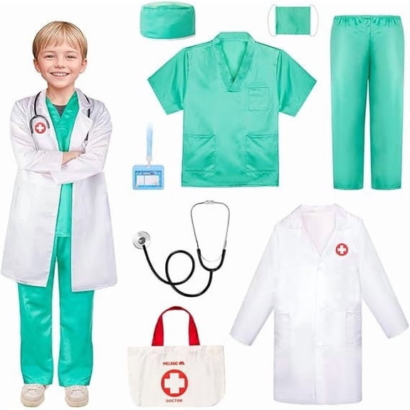 Doctor Costume for Kids, Nurse Scrub Set Doctor Coat with with Lab Coat Halloween Party Dress Up for Girls Age 8-12 Years