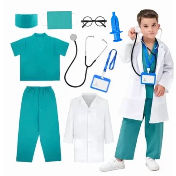 Doctor Costume for Kids, Pink Doctor Costume with Lab Coat Halloween Party Dress Up for Girls Age 8-12 Years
