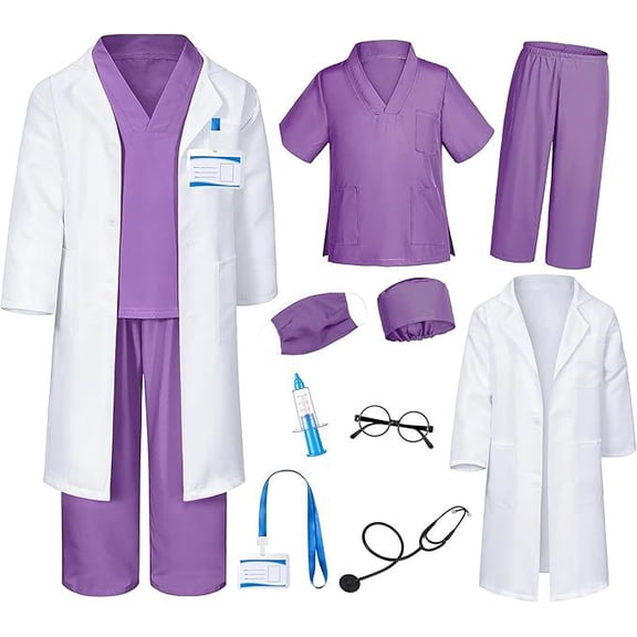 9pcs Doctor Costume for Kids, Nurse Scrub Set Doctor Coat with Accessories, Doctor Dress Up Cosplay Outfits for Boys Girls 3-12 Years