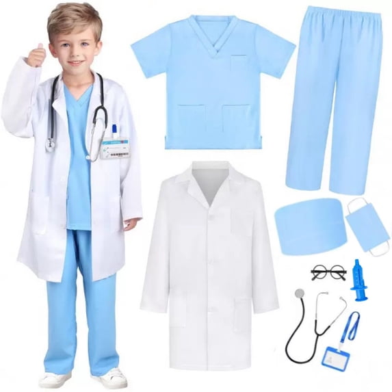 Doctor Costume for Kids, Pink Doctor Costume with Lab Coat Halloween Party Dress Up for Girls Age 8-12 Years