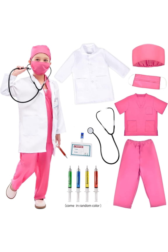 Doctor Costume for Kids, Pink Doctor Costume with Lab Coat Halloween Party Dress Up for Girls Age 8-12 Years