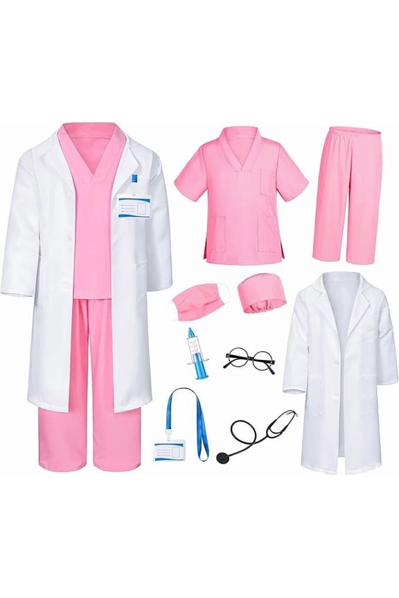 9pcs Doctor Costume for Kids, Nurse Scrub Set Doctor Coat with Accessories, Doctor Dress Up Cosplay Outfits for Boys Girls 3-12 Years