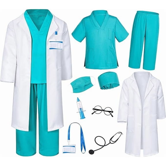 9pcs Doctor Costume for Kids, Nurse Scrub Set Doctor Coat with Accessories, Doctor Dress Up Cosplay Outfits for Boys Girls 3-12 Years