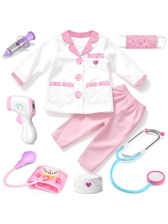 Doctor Costume for Kids Doctor Coat, Doctor Dress Up and Play Set 8 PCS with Real Stethoscope, Lab Coat Career Day Costume Kit for Toddlers Girls 3-12 - Pink