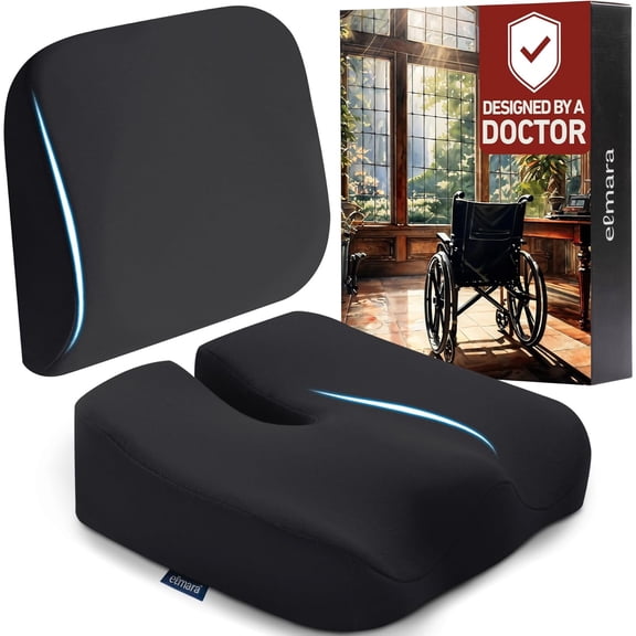 Doctor-Designed Wheelchair Seat Cushion Set is The Ultimate Comfort Solution Thick Wheelchair Cushions Relieve Back & Sciatica Pain Wheel Chair Cushions for Seniors, Wheelchair Pad (Black)