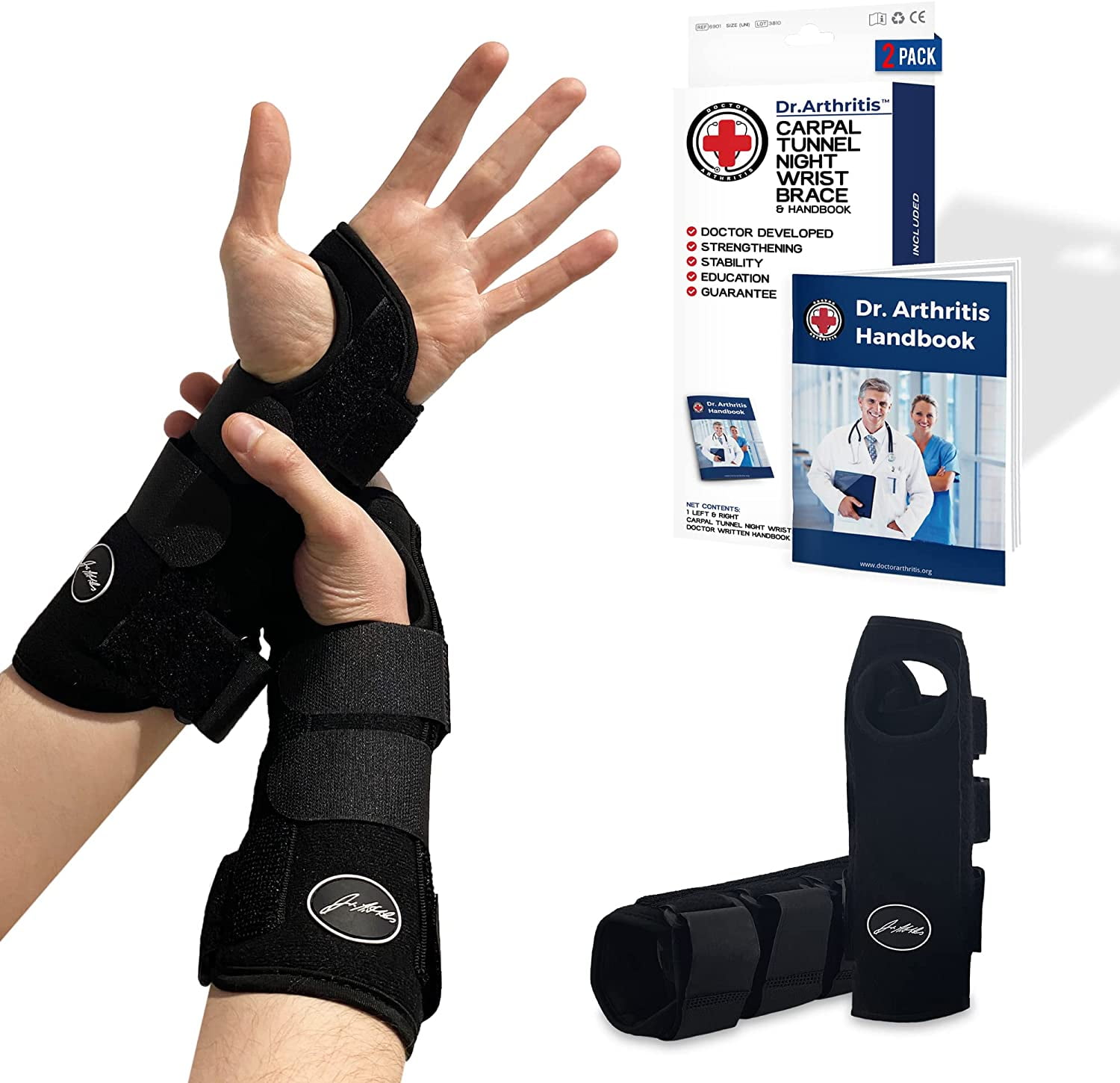 Doctor Developed Carpal Tunnel Wrist Brace for Night Support, Wrist Brace  for Carpal Tunnel with Wrist Splint, Sleep Brace for Sprained Wrist, F.D.A  Medical Device & Handbook (2-Pack) 