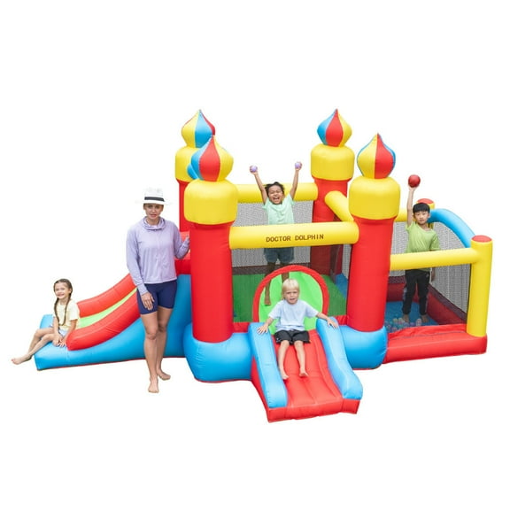 Doctor Dolphin Bounce House Inflatable Bouncy Castle for Kids Dual Slides Toddlers Jumper with Blower,Ball Pit,Basketball Hoop for Indoor Outdoor