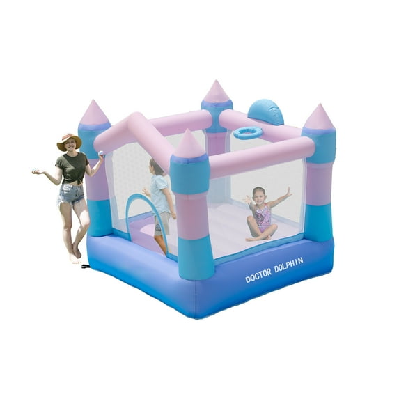 Doctor Dolphin Inflatable Bounce House for Kids Toddlers, 7.05 ft L x 6.88 ft W x 6.39 ft H Bouncy Catsle Colorful Bouncer with Blower, Basketball Hoop, Sticky Ball Game for Backyard