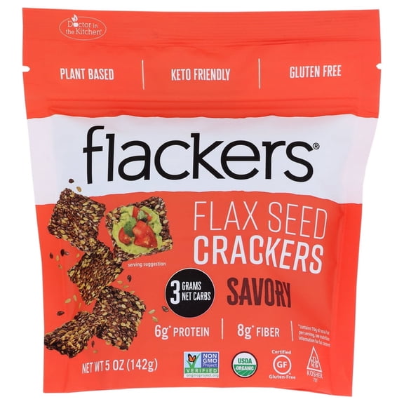 Flackers Organic Savory Flaxseed Crackers, Gluten Free, Non GMO, Vegan, Keto Snack, 5 Ounce bag