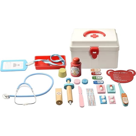 Doctor Kit for Kids - 17 Pcs Wood Medical Pretend Play Toys with Storage Box, Stethoscope and Other Accessories for Fun Role Playing Game Party Gift (DPT01)