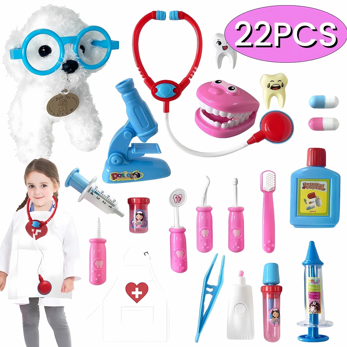 Doctor Kit for Kids Pretend Play Toy for Toddler Dentist Toy with Dog Christmas Birthday Gift for Preschool Boys Girls for Role Play Game 22Pcs