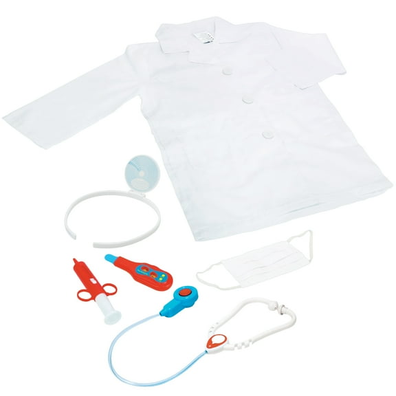 Playful Minds: Doctor Roleplay Set - 6pc White & Red Costume, Coat-Mask-Thermometer, Sounds Stethoscope, Toy Accessories, Dress-Up, Pretend, Kids 3+