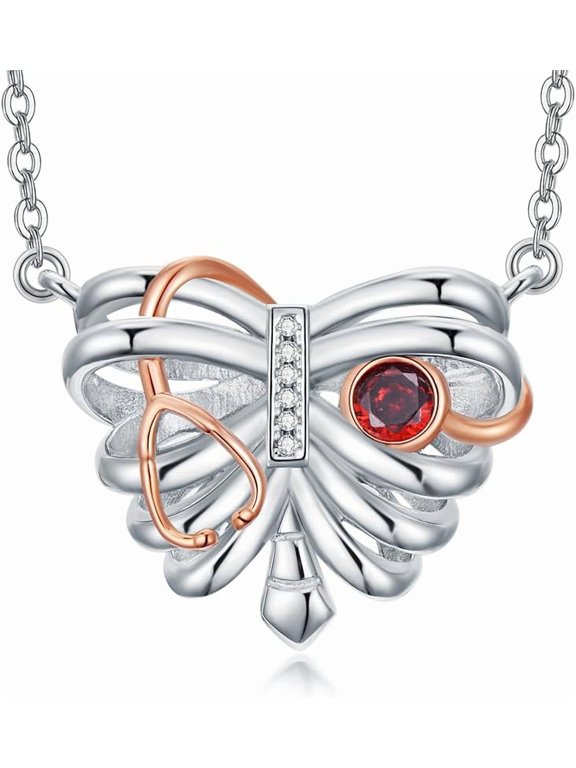 Doctor Nurse Necklace Stethoscope Necklace for Women 925 Sterling Silver Rib Cage Pendant with 12 Birthstones Medicine Themed Skull Jewelry Medical Nursing Gifts for Graduation Birthday