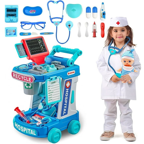 Caunedy Doctor Pretend Playset for Toddlers with Cart, Costume and Stethoscope, Role Play Medical Toy for Girls Boys 3,4,5,6 Birthday Gifts