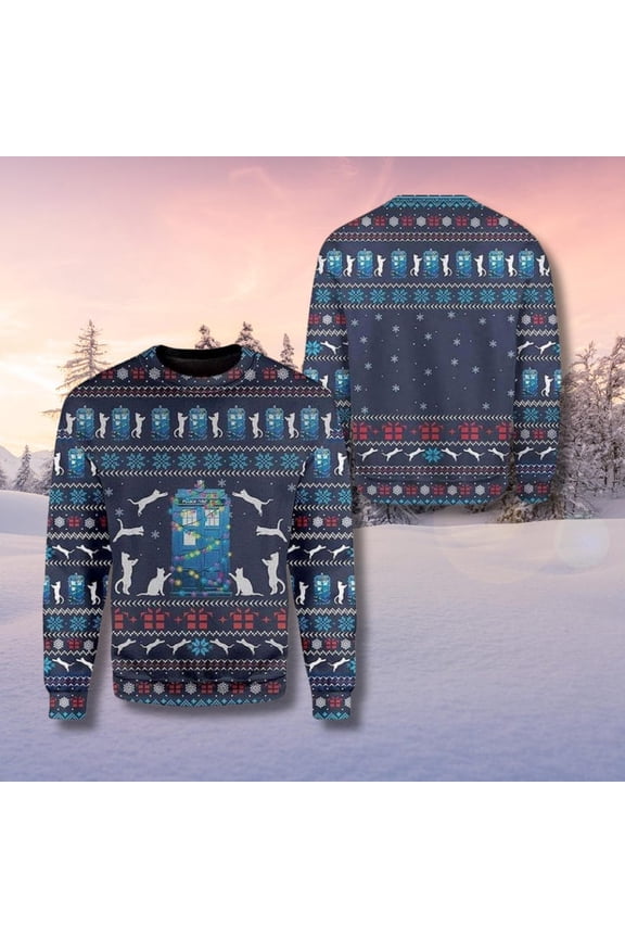 Doctor Who 3D Christmas Sweater: Cat Tardis Holiday Sweatshirt