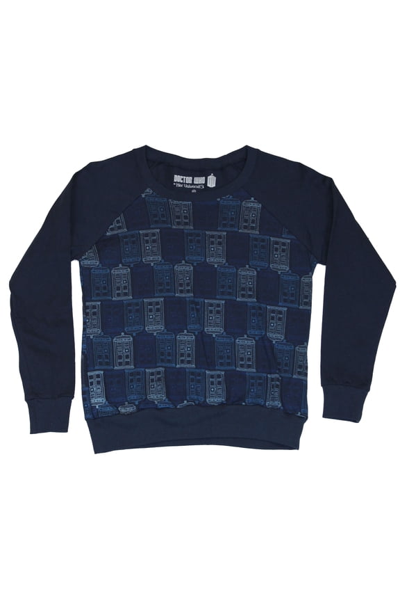 Girls Juniors Light Sweatshirt - Tardis Line Print Pattern Allover (Medium)