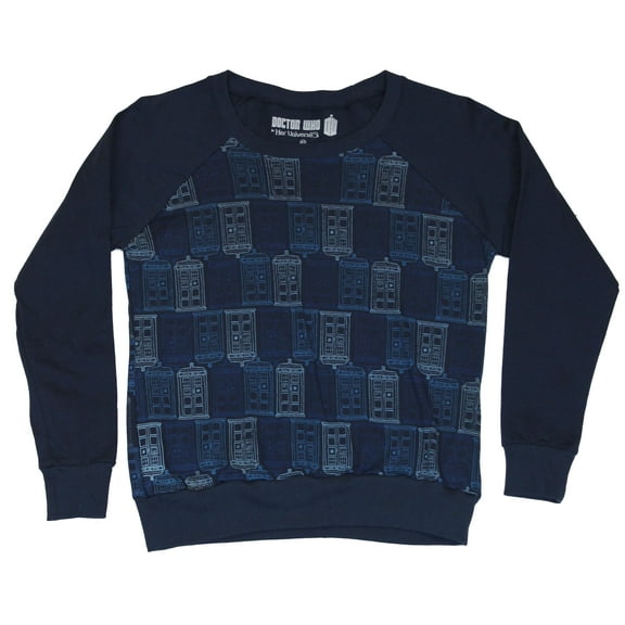 Doctor Who Girls Juniors Light Sweatshirt - Tardis Line Print Pattern Allover (Small)