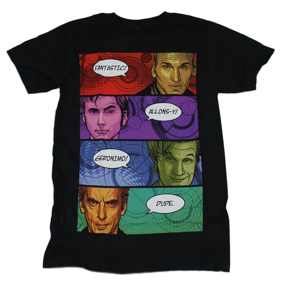 Doctor Who Mens T-Shirt -4 Recent Doctors & Their Comic Catch Phrases (Small)