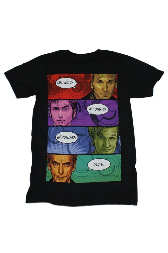Doctor Who Mens T-Shirt -4 Recent Doctors & Their Comic Catch Phrases (Small)