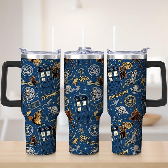 Doctor Who TARDIS Pattern Stainless Steel Insulation Mug with Lid and Handle, for mom, 30oz