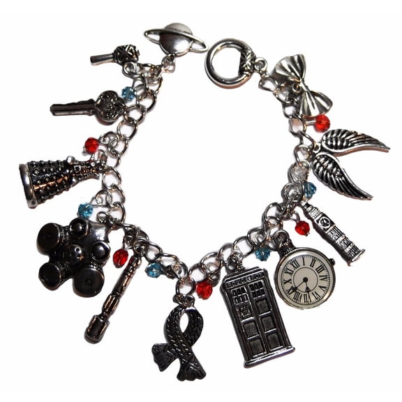 Doctor Who TV Series Silvertone Assorted Themed Metal Charm Bracelet