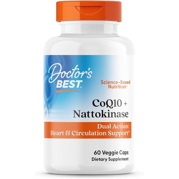 Doctor's Best CoQ10 100 mg + Nattokinase 2,000FU, Supports Heart & Circulation Support, Non-GMO, Gluten Free, Vegan, 60 Veggie Caps