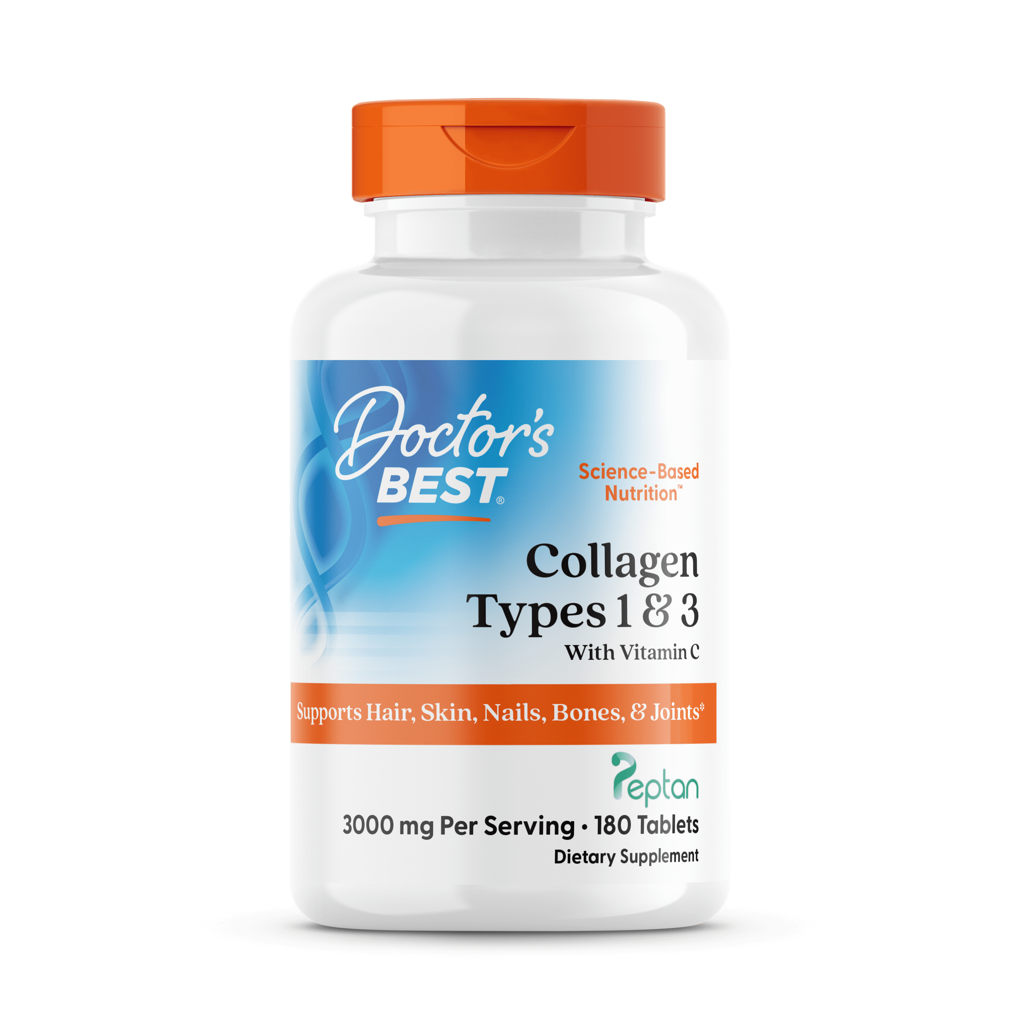 Doctor's Best Collagen Types 1 & 3 with Peptan, Non-GMO, Gluten Free, Soy Free, Supports Hair, Skin, Nails, Tendons & Bones, 3000 mg per Serving, 180 Tablets