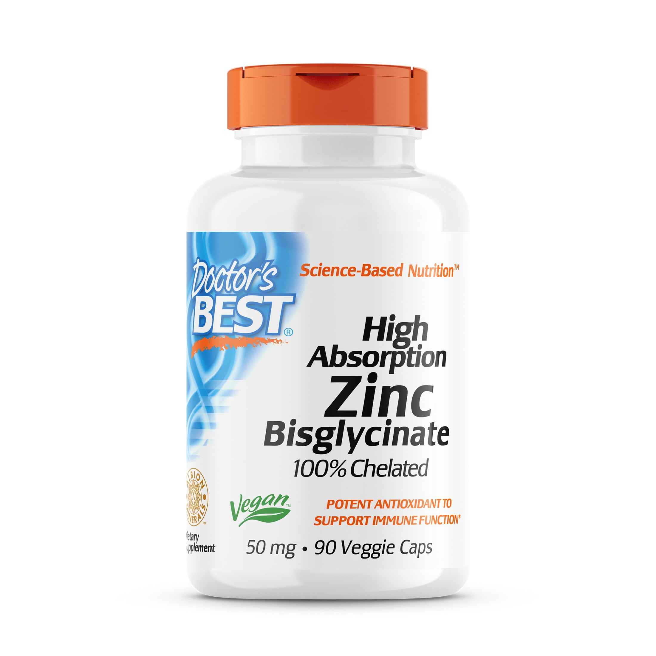 Doctor's Best Zinc Bisglycinate High Absorption 100% Chelated 50mg Veggie Caps, 90 Count