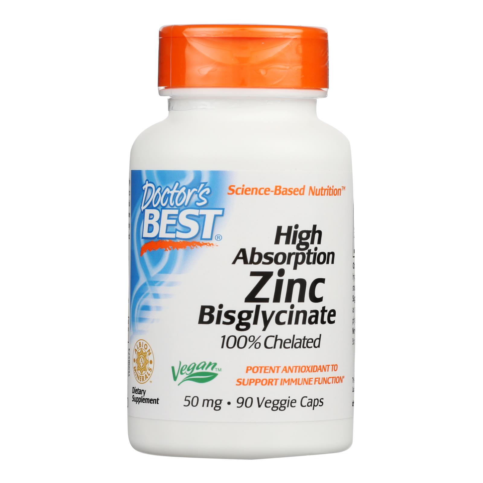 Doctor's Best High Absorption Zinc Bisglycinate, 100% Chelated, 50 mg, 90 Veggie Caps - image 1 of 3
