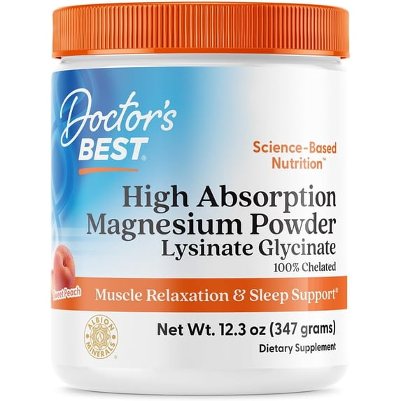 Doctor's Best High Absorption Magnesium Powder (Peach Flavored) 100% Chelated TRACCS, Not Buffered, Headaches, Muscle, Vegan, Peach Flavor, 12.3 Ounce (Pack of 1)