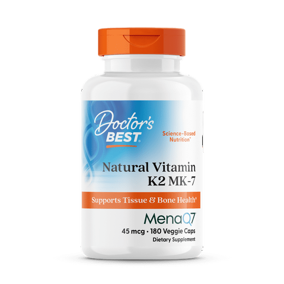 Doctor's Best Natural Vitamin K2 MK-7 with MenaQ7, Non-GMO, Vegan, Gluten Free, Soy Free, 45 mcg, 180 Veggie Caps