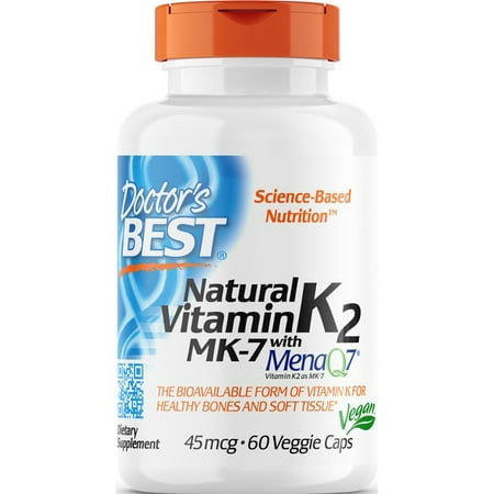 Doctor's Best Natural Vitamin K2 MK-7 with MenaQ7, Non-GMO, Vegan, Gluten Free, Soy Free, 45 mcg 60 Veggie Caps