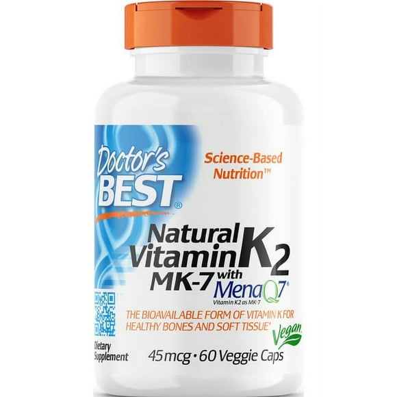 Doctor's Best Natural Vitamin K2 MK-7 with MenaQ7, Non-GMO, Vegan, Gluten Free, Soy Free, 45 mcg 60 Veggie Caps